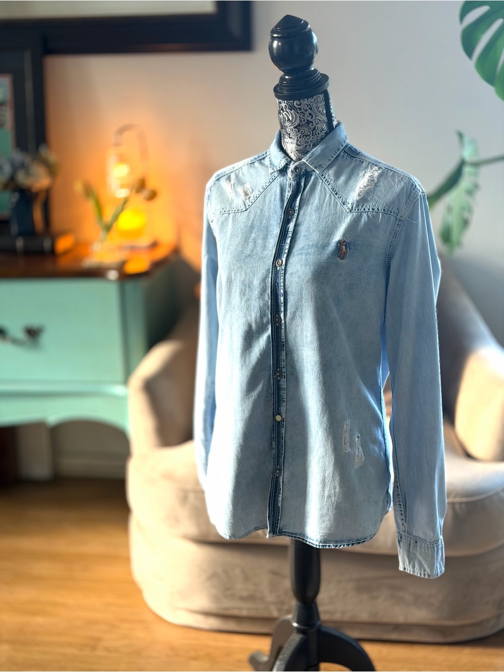 NWT Ralph Lauren Soft Chambray Denim Western Embroidered Button Down Shirt - Picture 8 of 8